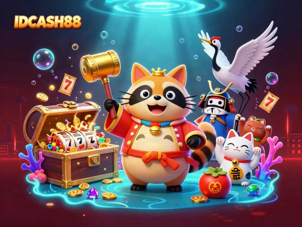 Experience the thrill of IDCASH88 with vibrant 3D characters and dynamic casino elements.