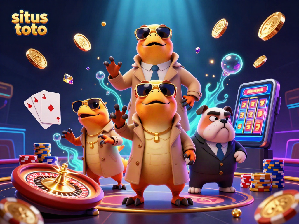 Raptor dalam kostum trench coat memasuki lounge VIP kasino situs toto, dikelilingi koin emas dan harta berkilau.