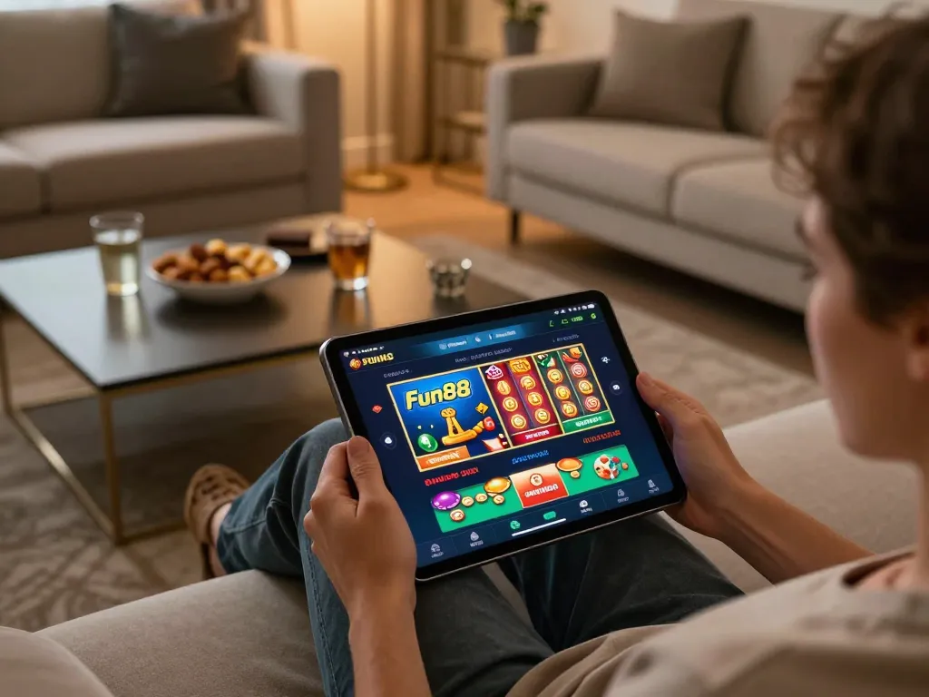 Engaging with Fun88 on a tablet for online poker and slot gaming in a cozy home.