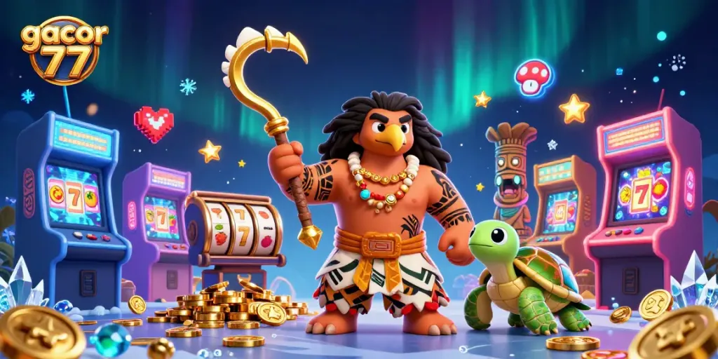 Slot gacor 77 penuh warna dengan raja ikan emas dan karakter lucu di tengah-tengahnya.