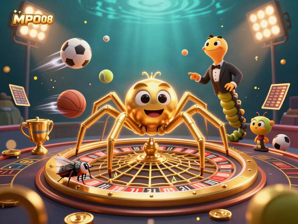 Experience thrilling MPO08 betting with a dynamic 3D spider and roulette wheel in a vibrant casino scene