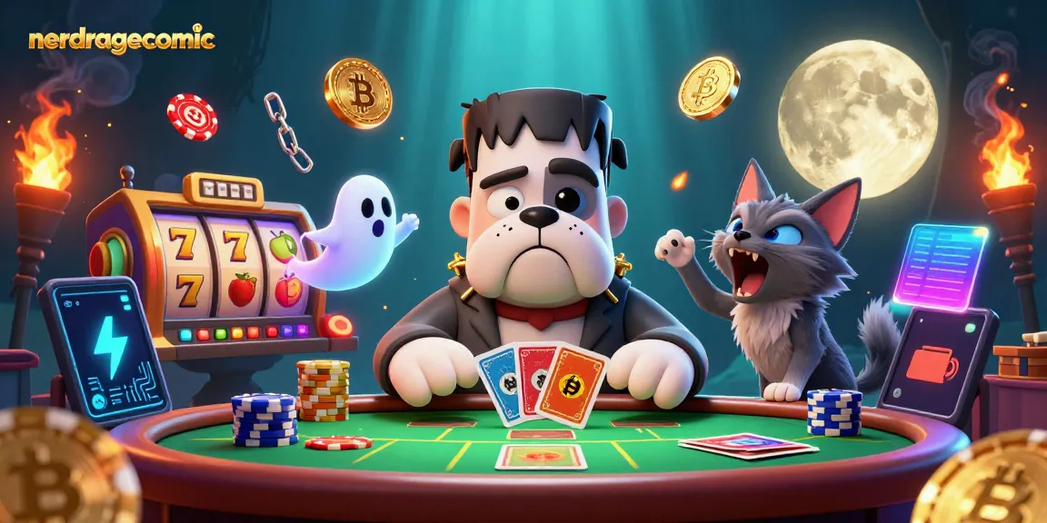 Gambar nerdragecomic dengan monster bulldog Frankenstein dan anak kucing werewolf di kasino, memperlihatkan tema perjudian yang menyenangkan.