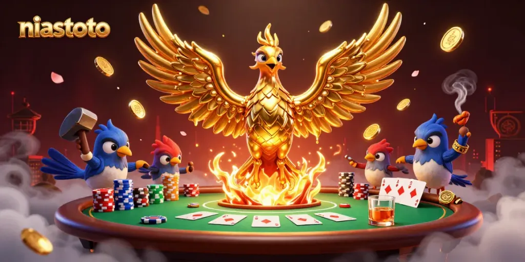 Engage in thrilling action with niastoto, showcasing a golden phoenix and poker elements