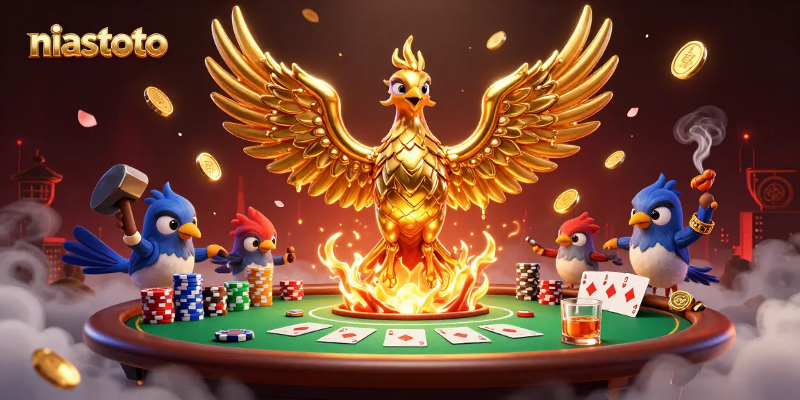 Engage in thrilling action with niastoto, showcasing a golden phoenix and poker elements