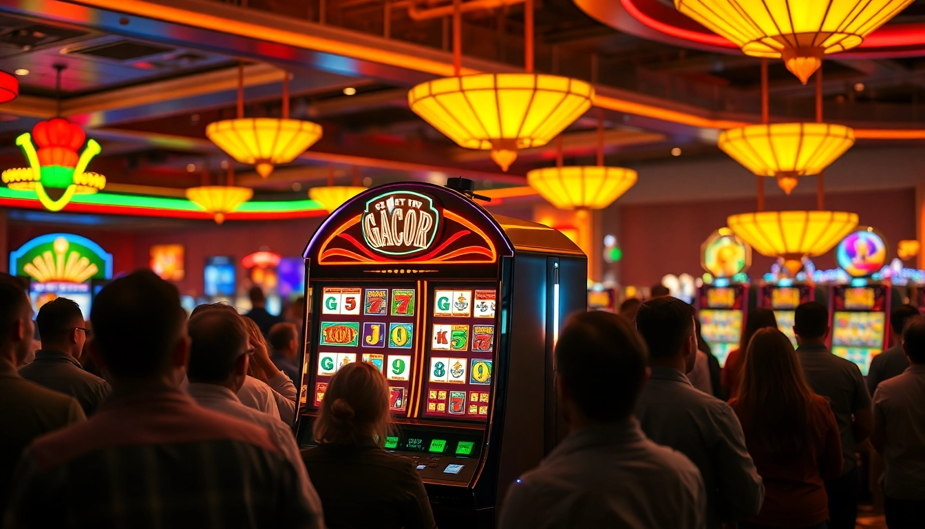 Slot gacor yang menarik dengan mesin slot berwarna-warni di kasino yang ramai.