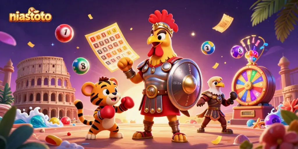 Gadungan niastoto dengan ayam jantan gladiator berdiri di arena, meramaikan undian dan permainan