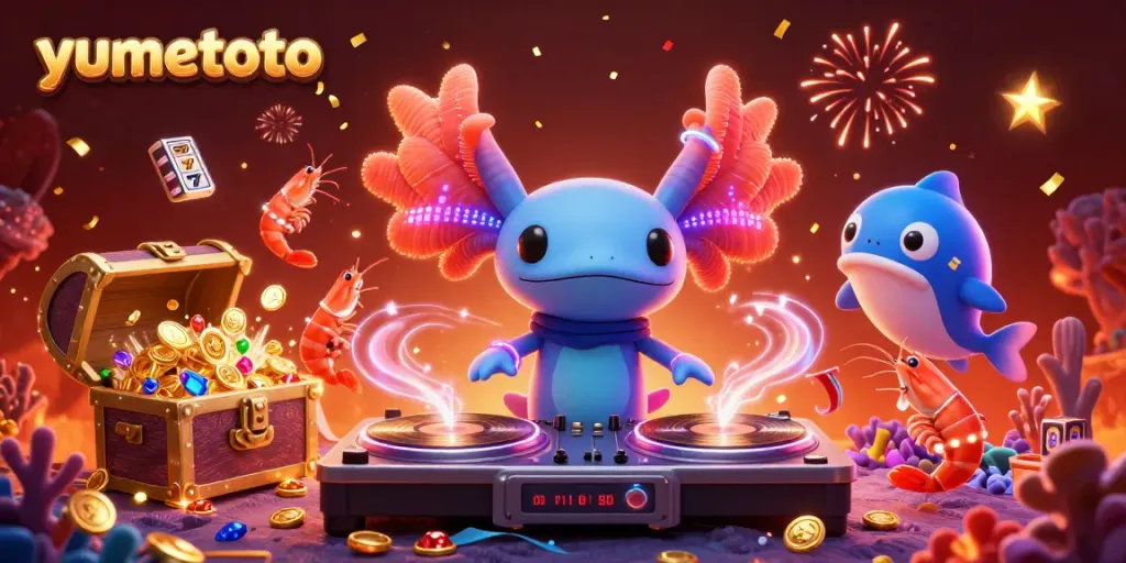Experience the excitement of yumetoto with an animated underwater casino featuring playful characters and slot machines.