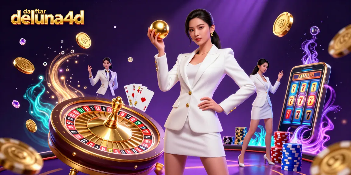 Join the action at daftar deluna4d with an Asian woman confidently holding a roulette ball amidst rich casino elements.