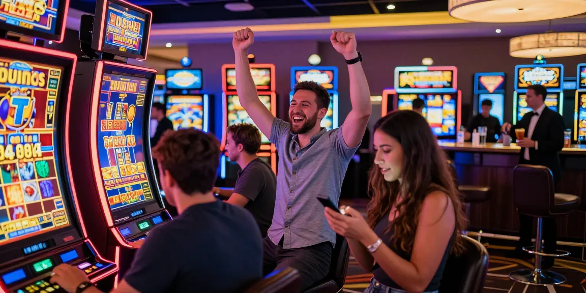 Exciting slot gaming scene highlighting vibrant online slot machines, diverse players, and celebratory moments in a lively casino.