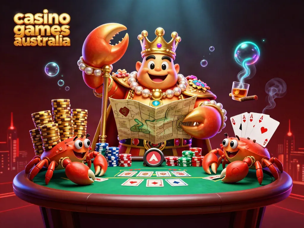 Experience thrilling casino games Australia through vibrant, cartoon-style 3D illustration of a golden crab emperor.