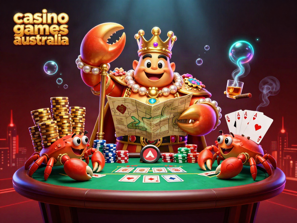 Experience thrilling casino games Australia through vibrant, cartoon-style 3D illustration of a golden crab emperor.