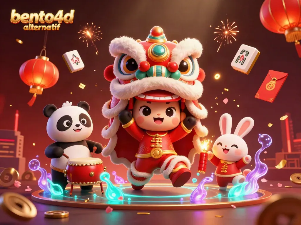 Experience bento4d alternatif through a vibrant 3D illustration of a lion dance with lucky drumming elements.