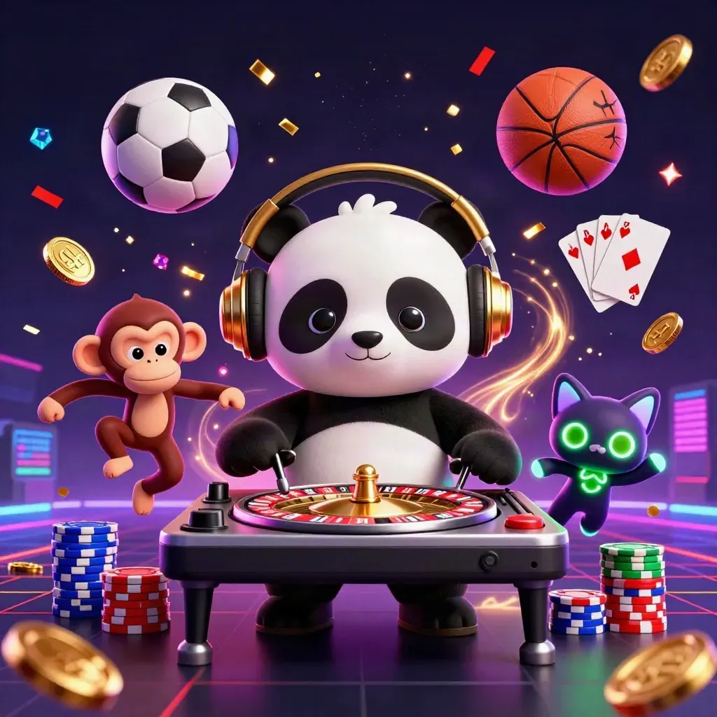 Panda DJ, monyet menari, dan kucing neon di tengah bola, chip, koin emas, cahaya kasino.