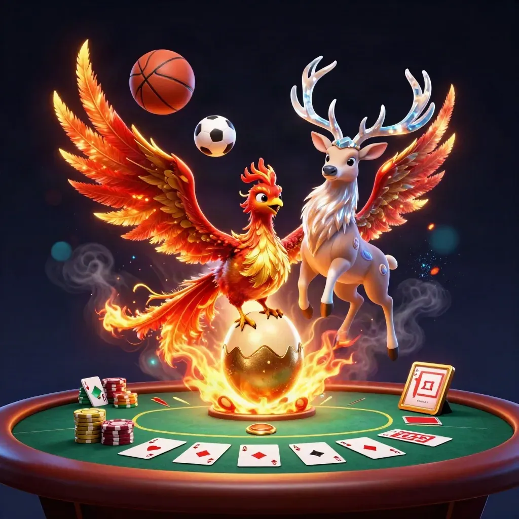 Phoenix emas, rusa kristal, dan anak phoenix di meja poker dengan bola olahraga melayang.