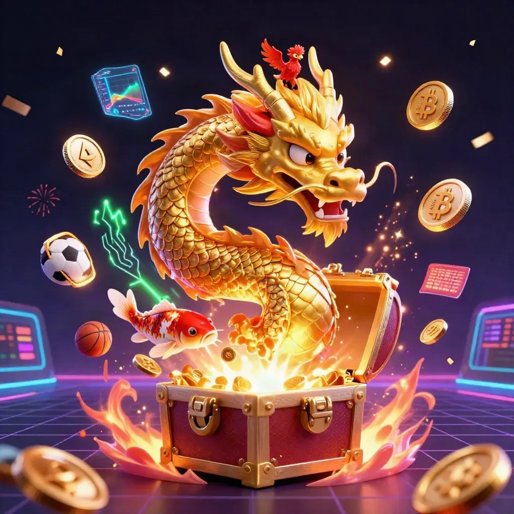 Naga emas, phoenix merah, koi, koin kripto, bola olahraga, dan efek neon di latar kasino gelap.