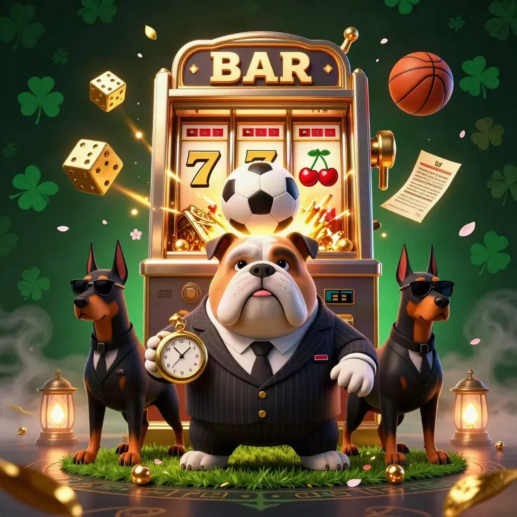 Bulldog mafia dan dua Doberman di ledakan bola sepak, koin emas, dan cahaya kasino.