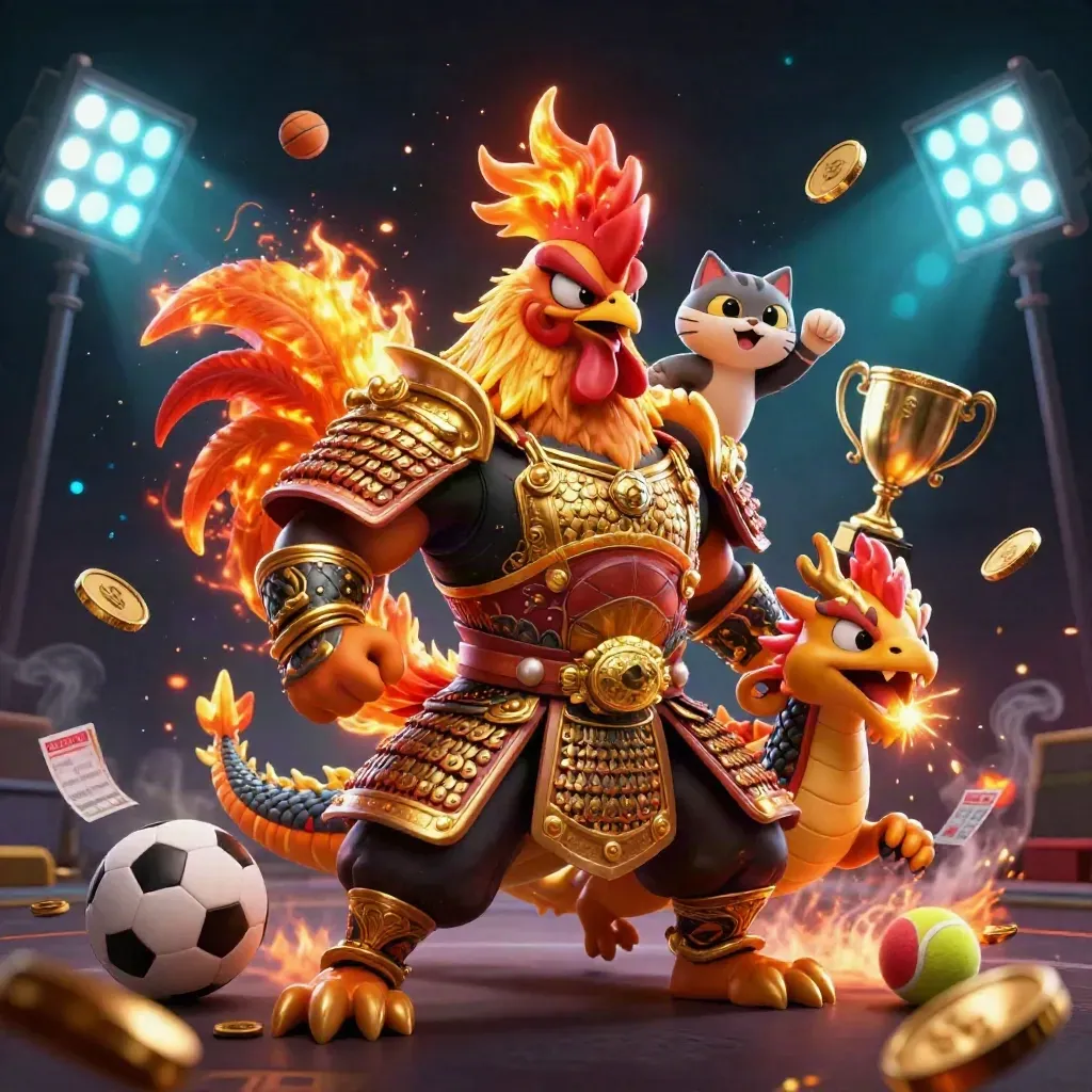 Ayam samurai, naga kecil, dan kucing keberuntungan dikelilingi bola, koin, dan cahaya neon.