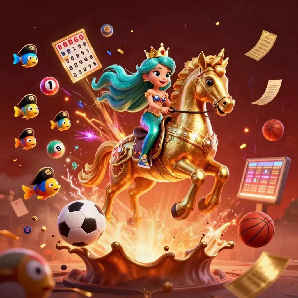 Putri duyung kartun di kuda laut emas dikelilingi bola lotre, kartu bingo, dan energi neon.