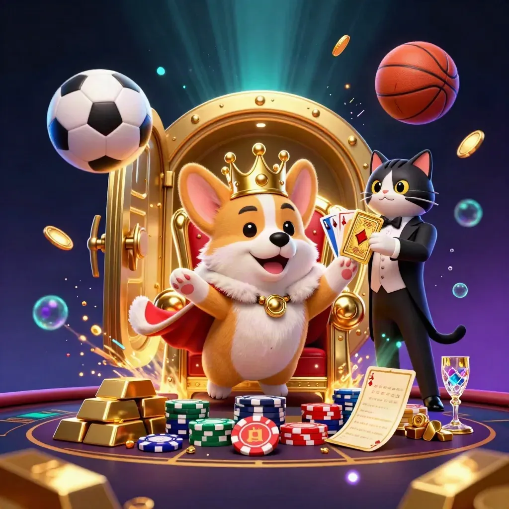 Kucing pelayan dan corgi mahkota di antara bola, emas, dan peti harta bercahaya