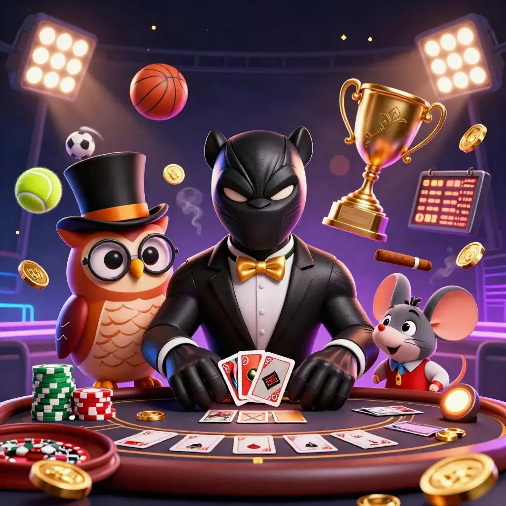 Panther, burung hantu, dan tikus di kasino neon dengan bola, trofi, dan koin.