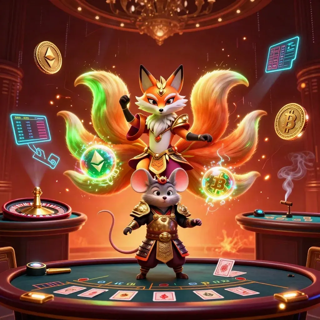 Rubah spirit sembilan ekor dan tikus samurai emas di ruang kasino neon mewah.