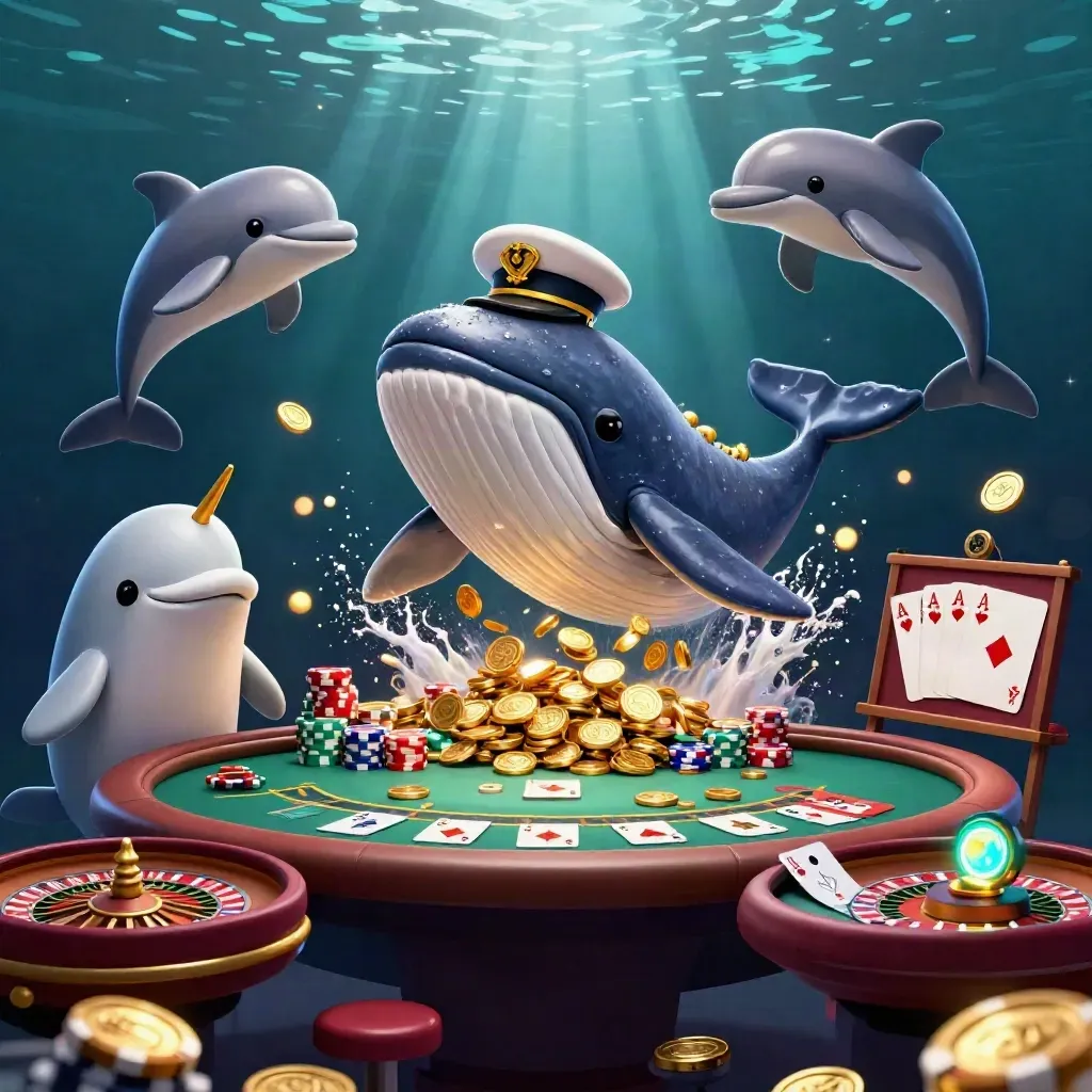 Paus kapten, narwhal, dan lumba-lumba di kasino bawah laut penuh koin emas.