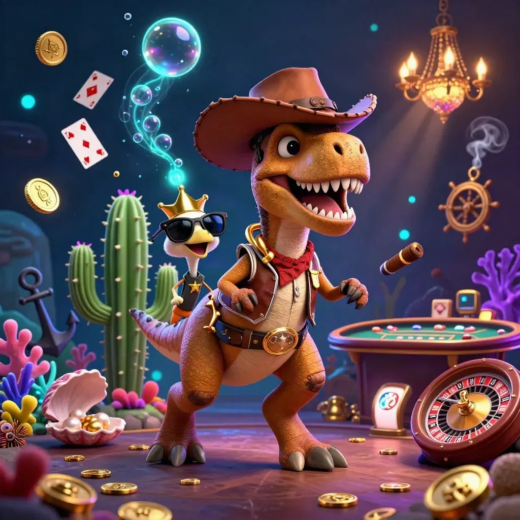 T-Rex koboi, kaktus berkacamata, dan roadrunner di kasino bawah laut neon.