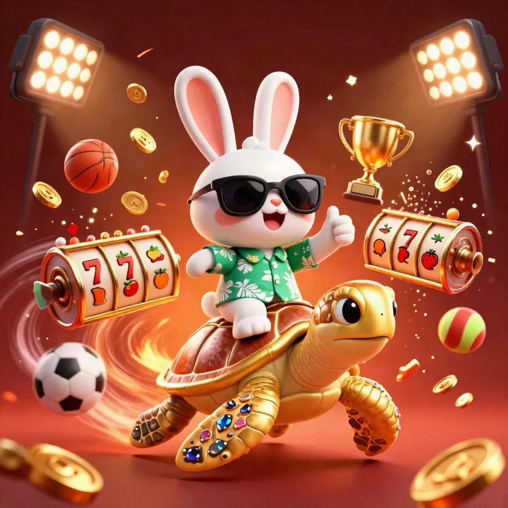 Kelinci kartun naik kura-kura emas dikelilingi ikan, koin, bola olahraga, dan efek neon.
