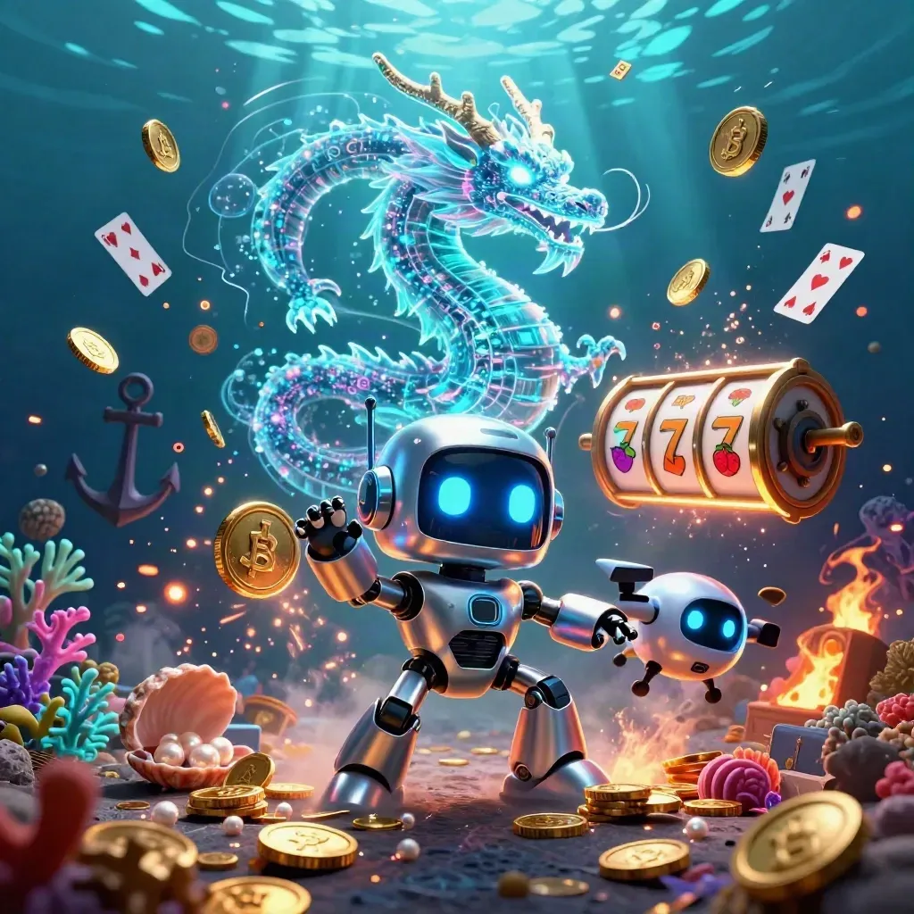 Robot cyberpunk, naga holografik, dan drone di harta karun bawah laut bercahaya hijau neon.