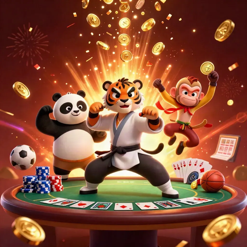 Harimau kung-fu, panda, dan monyet dikelilingi koin emas, kartu poker, dan efek ledakan kasino meriah.