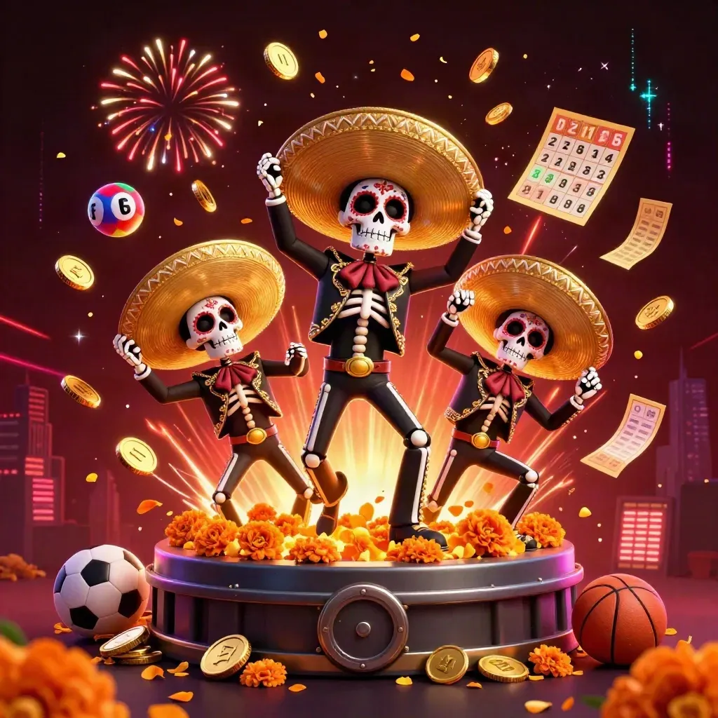 Tiga kerangka mariachi, koin emas, bola lotere, roda hadiah, dan latar kota kasino neon.