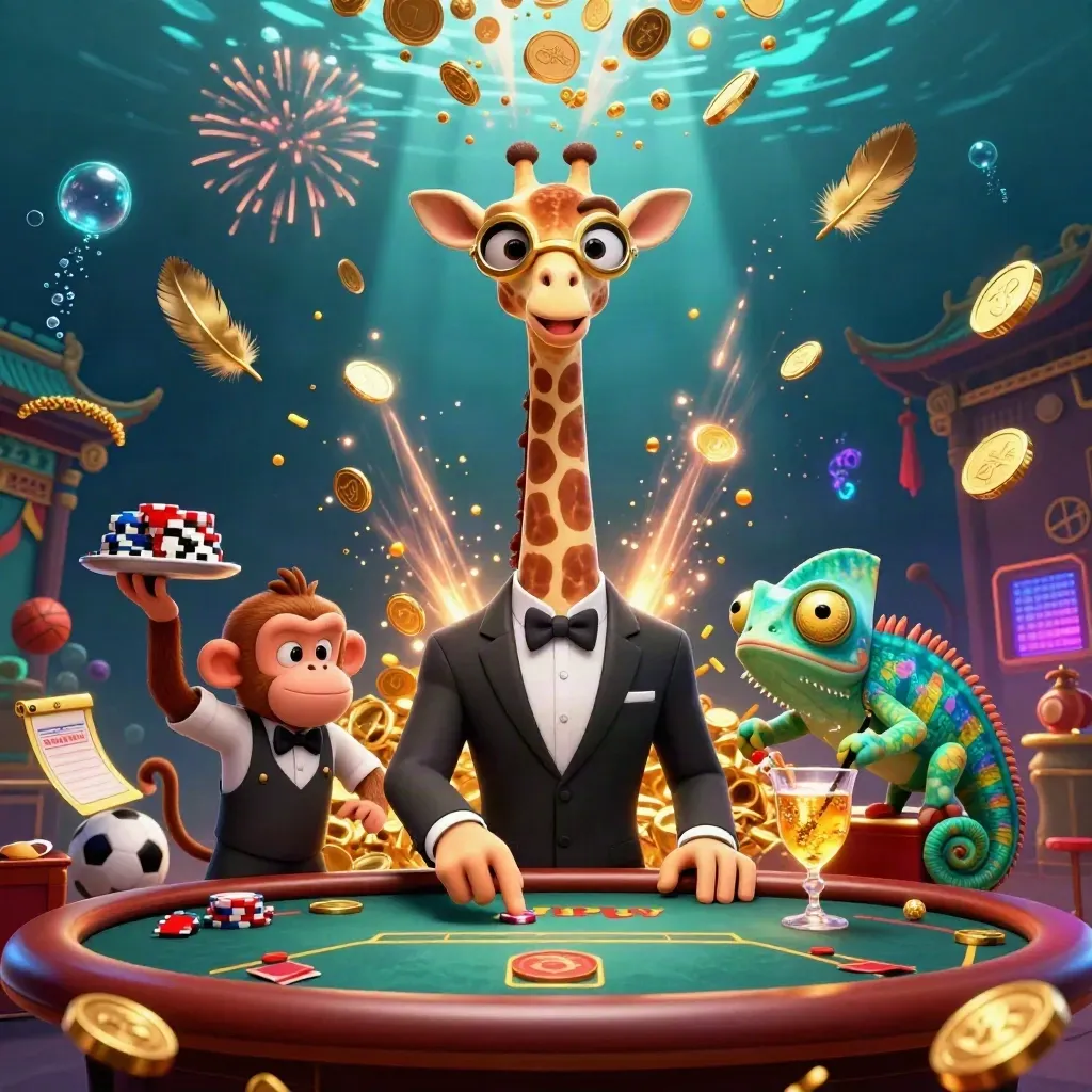 Jerapah high-roller, monyet valet, dan bartender bunglon di ledakan koin emas kasino glamor.