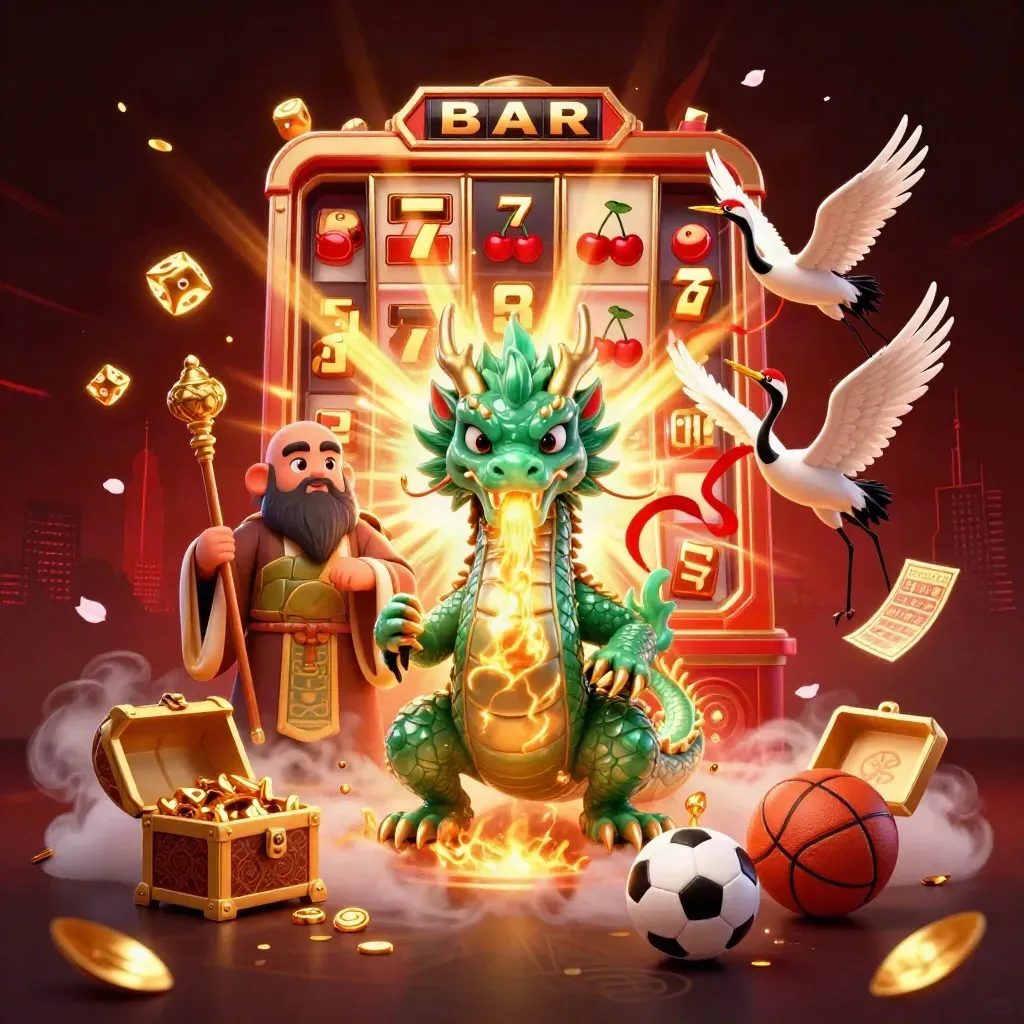 Naga jade, kura bijak, dan burung bangau di tengah ledakan slot emas bernuansa kasino mewah.