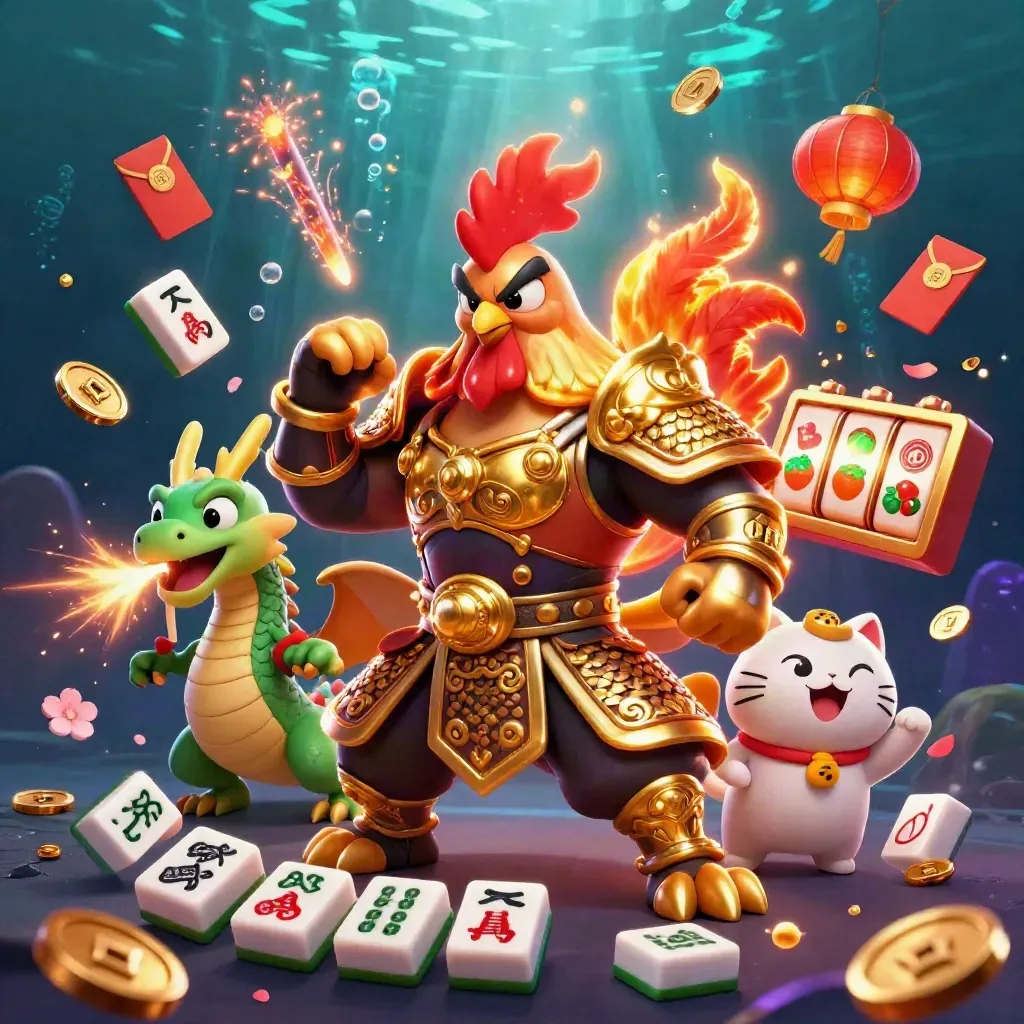Ayam samurai emas, naga kecil, dan kucing keberuntungan di lautan neon.