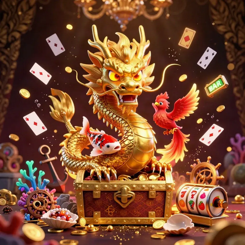 Naga emas 3D melingkar di peti harta, phoenix merah kecil, koi, koin, dan cahaya kasino mewah.