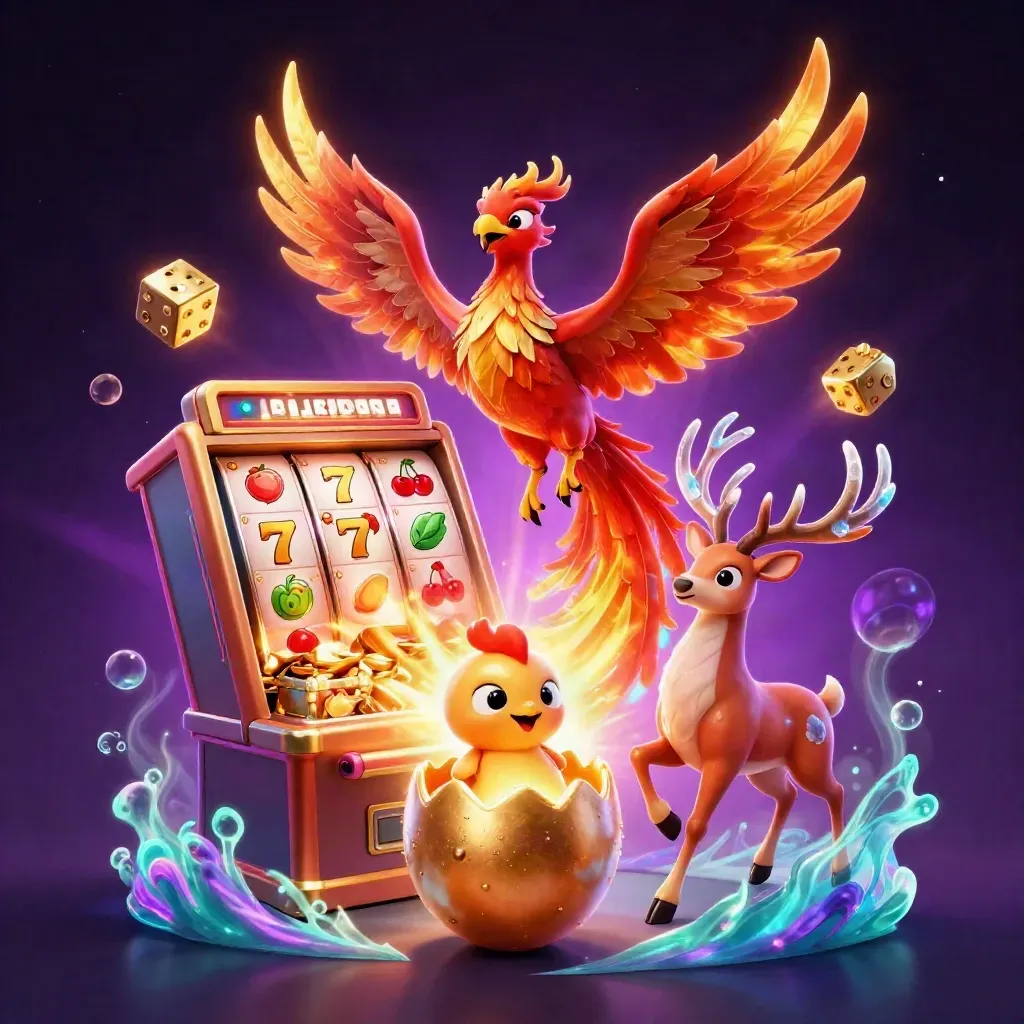 Phoenix, rusa kristal, dan bayi phoenix melesat di antara mesin slot dan emas neon.