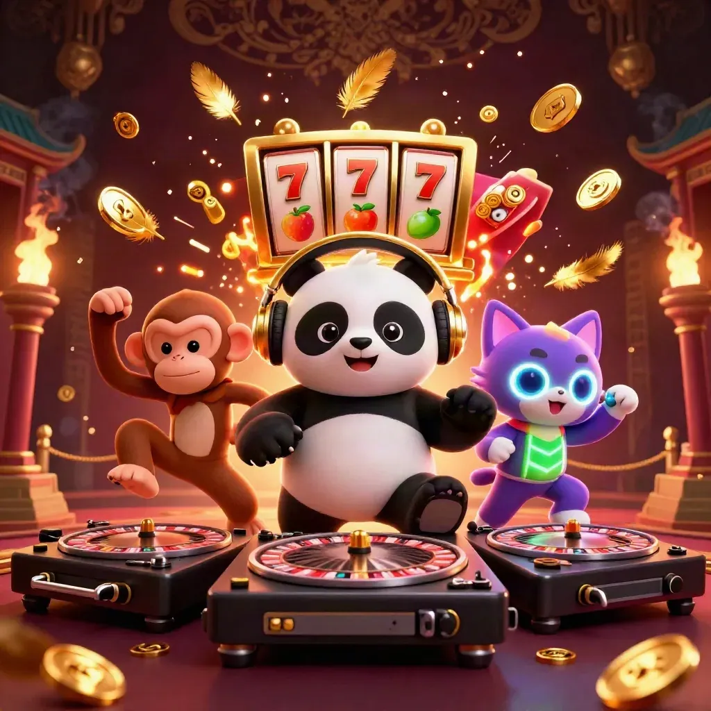 Panda DJ, monyet breakdance, dan kucing rave di kasino emas dengan api, koin, dan kuil