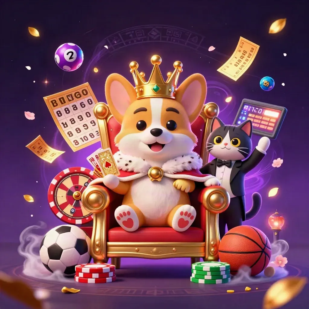 Raja corgi dan kucing butler di kasino neon, dikelilingi bola lotre dan roda hadiah