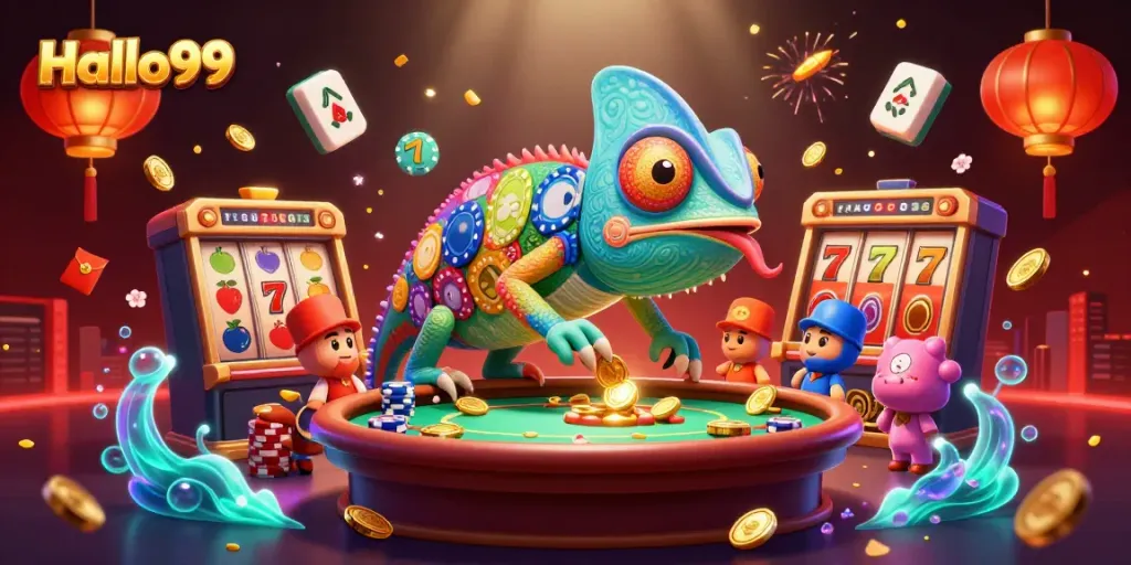 Experience thrilling jackpots at Halo99 with an animated scene of a colorful chameleon casino owner.