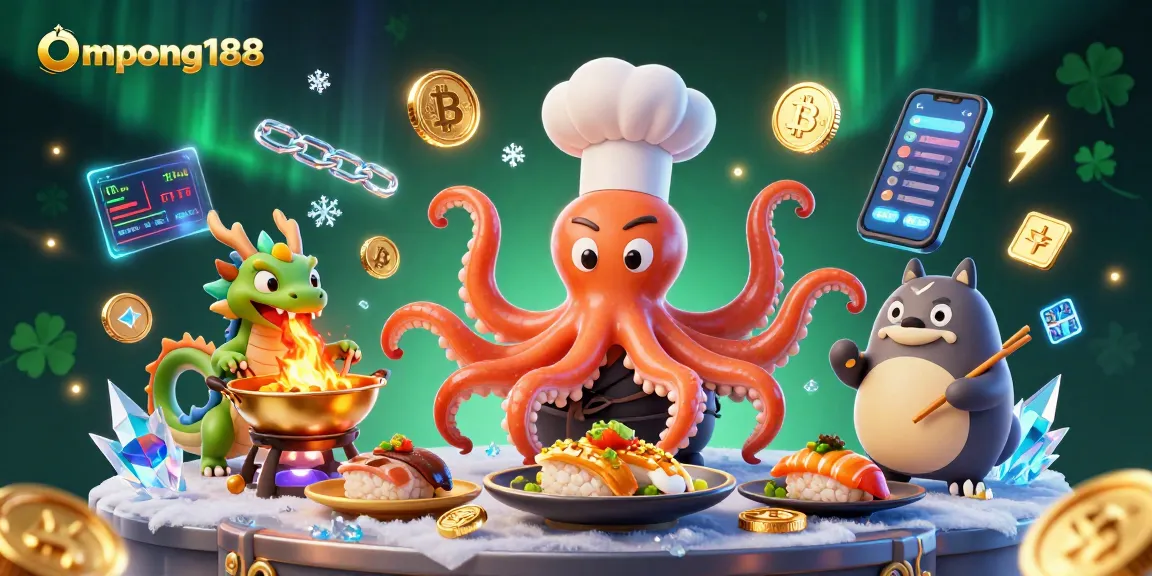 Ompong188 menghadirkan chef sushi gurita 3D dengan hidangan emas dalam suasana kasino yang meriah.