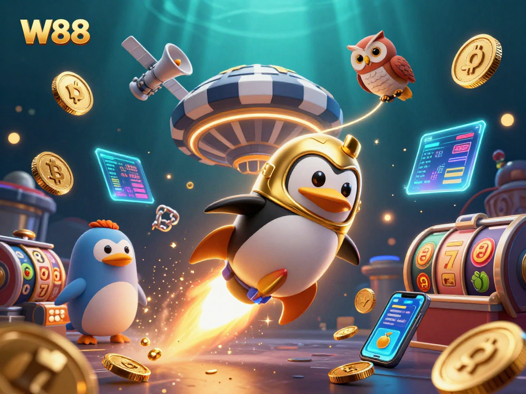 Experience the excitement of W88 with a golden penguin soaring past a casino space station!
