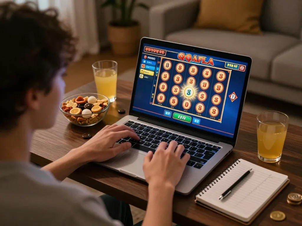 Playing qqalfa slot game on a laptop in a cozy home setting, showcasing strategic online gambling.