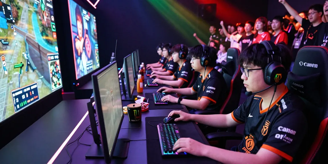Suasana kompetisi ligagalaxy dengan gamer profesional fokus dan pencahayaan RGB yang menggairahkan.