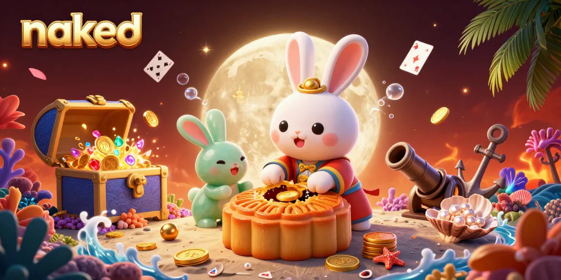 Naked moon rabbit plays in vibrant casino-themed lunar scene packed with treasures and games.