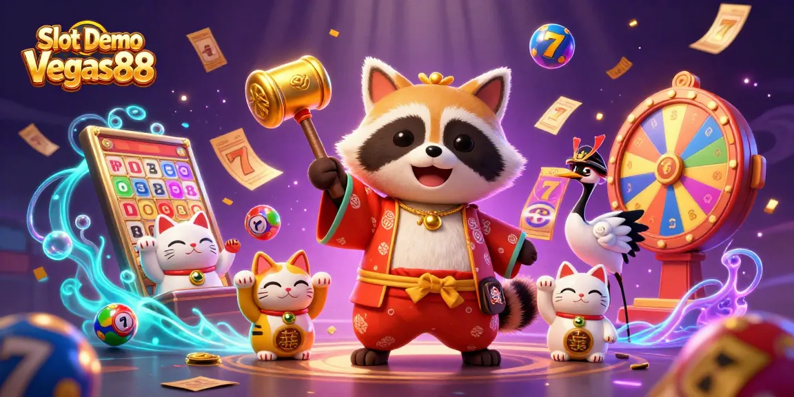 Experience Slot Demo Vegas88 with a cheerful tanuki, lucky symbols, and vibrant casino elements!