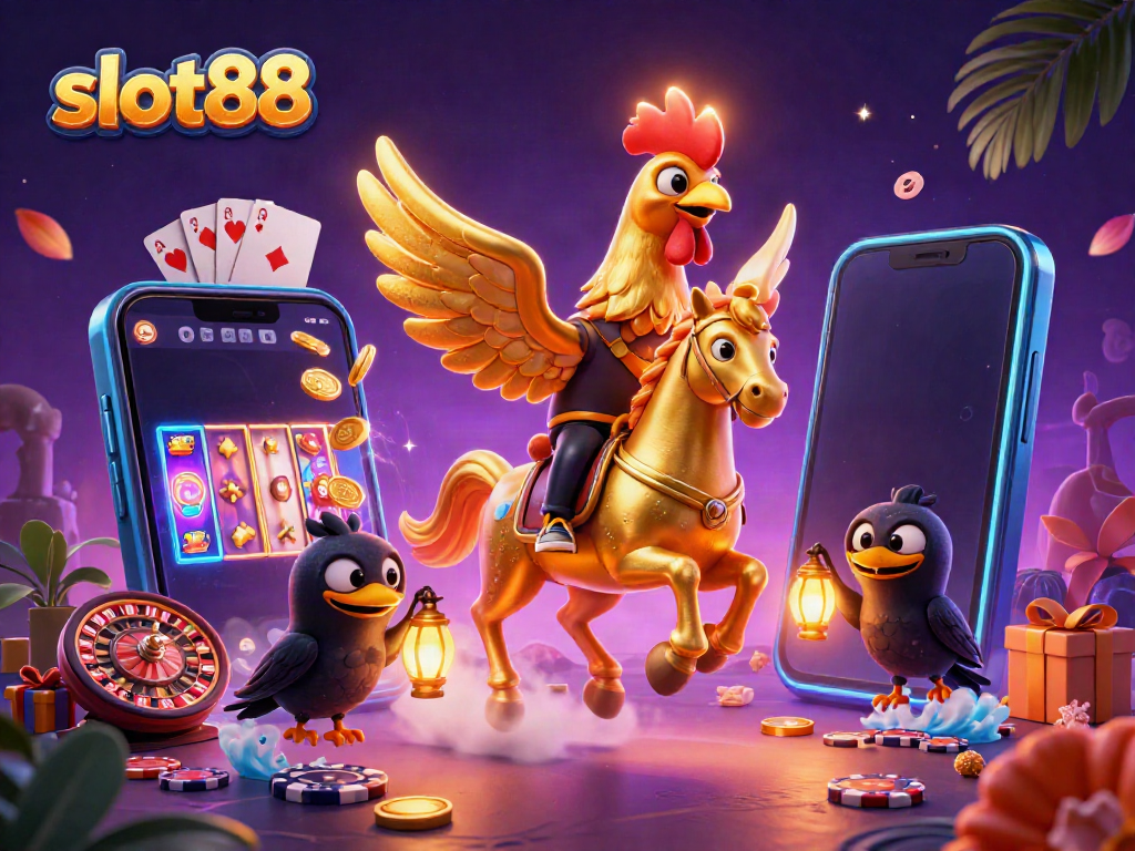 Slot88 menghadirkan ilustrasi kasino malam yang ceria dengan karakter unik, koin emas, dan smartphone game slot.