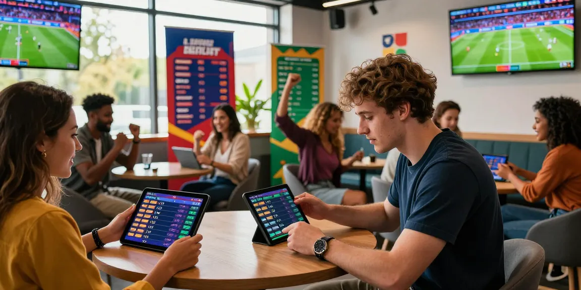 Excited bettors engaging in tempototo parlay bets for the 2026 World Cup in a modern sports lounge.