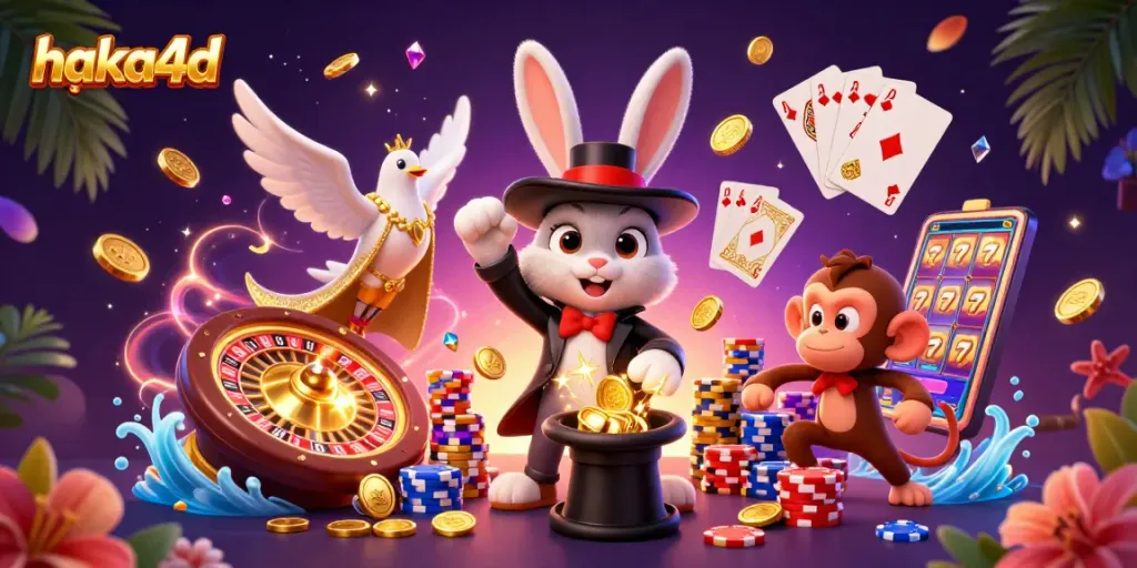 Win at haka4d with a magician rabbit pulling coins, and a dove aiding in your gambling success.