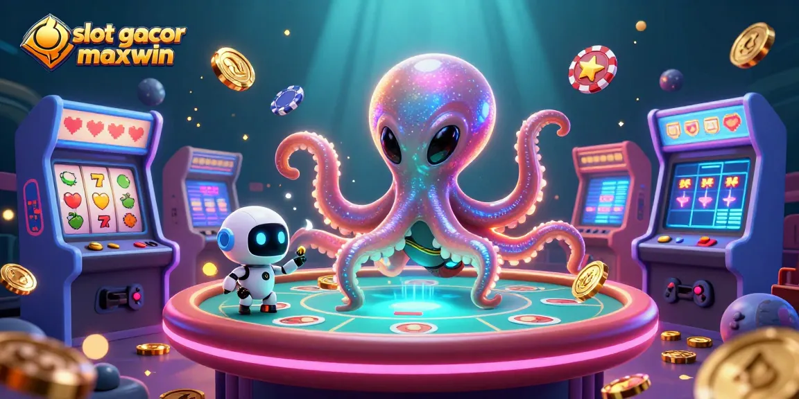Experience slot gacor maxwin with an alien octopus at a vibrant poker table in space.