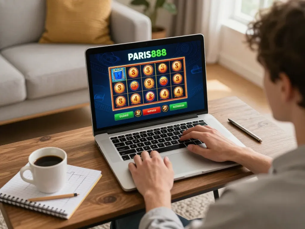 Player enjoying Paris888 online casino gaming from home, focused on slot options and strategy notes.